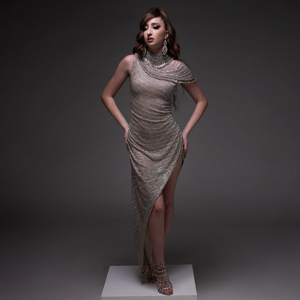 Silver Ribbed Asymmetrical Gown for Weddings-Handmade In India